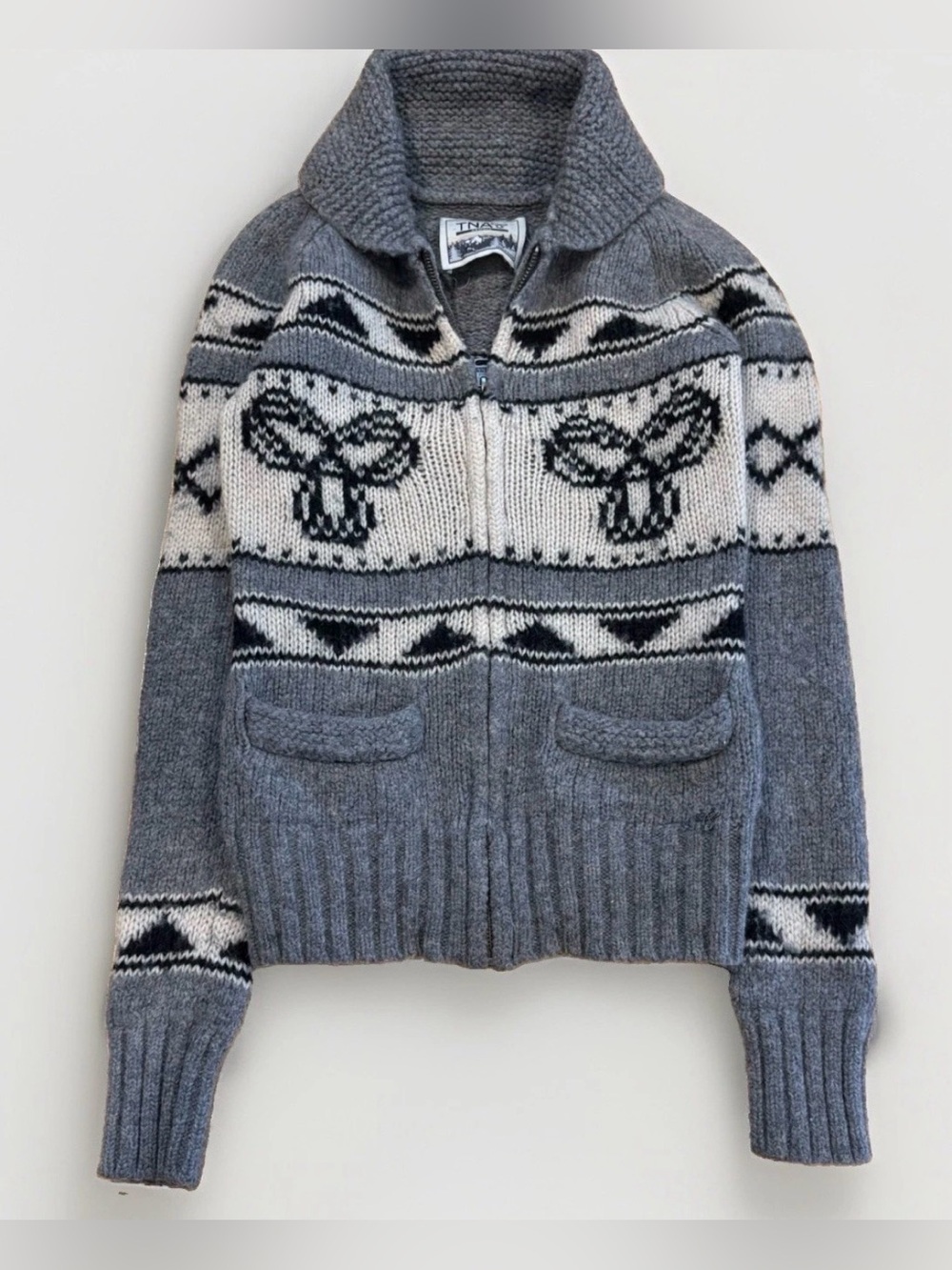 Y2K Vintage TNA Wool Sweater Cowichan Full Zip Lambswool Size XS Gray White